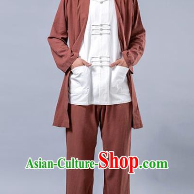 Top Grade Chinese Kung Fu Costume Tai Ji Training Brown Linen Uniform, China Martial Arts Tang Suit Gongfu Clothing for Men