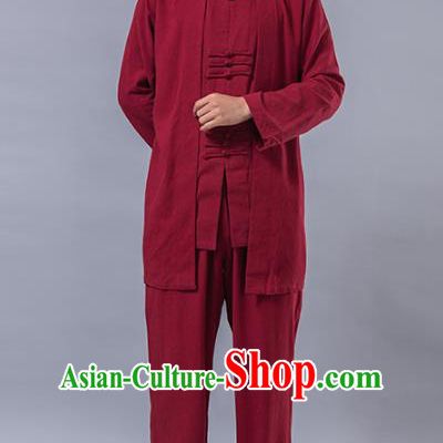 Top Grade Chinese Kung Fu Costume Tai Ji Training Red Linen Uniform, China Martial Arts Tang Suit Gongfu Clothing for Men