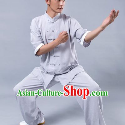 Top Grade Chinese Kung Fu Costume Tai Ji Training Grey Linen Uniform, China Martial Arts Tang Suit Gongfu Clothing for Men