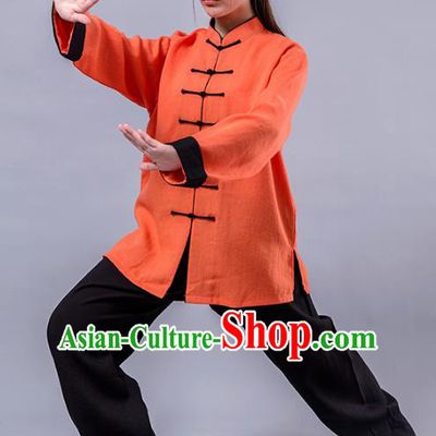 Top Grade Chinese Kung Fu Costume Martial Arts Orange Uniform, China Tai Ji Wushu Plated Buttons Clothing for Women