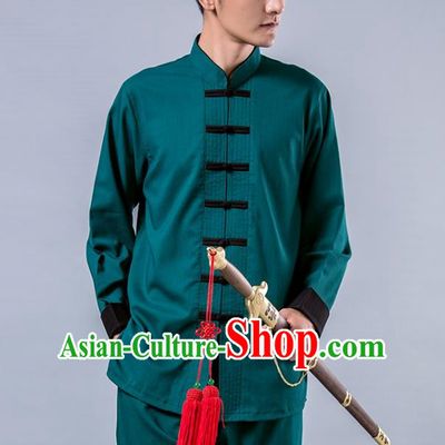 Top Grade Chinese Kung Fu Costume Tai Ji Training Green Uniform, China Martial Arts Tang Suit Gongfu Clothing for Men
