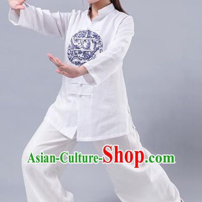 Top Grade Chinese Kung Fu Costume Martial Arts Printing Uniform, China Tai Ji Wushu Plated Buttons Clothing for Women