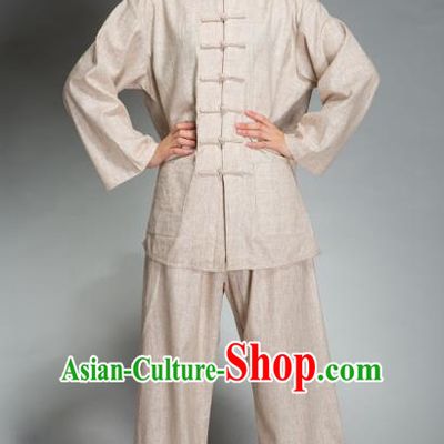 Top Grade Chinese Kung Fu Costume Tai Ji Training Beige Uniform, China Martial Arts Gongfu Clothing for Men