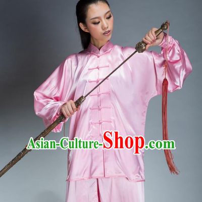 Top Grade Chinese Kung Fu Plated Buttons Pink Costume, China Martial Arts Uniform Tai Ji Wushu Clothing for Women