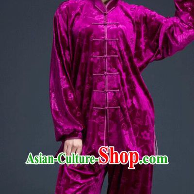 Top Grade Chinese Kung Fu Plated Buttons Costume Purple Pleuche Martial Arts Uniform, China Tai Ji Wushu Clothing for Women