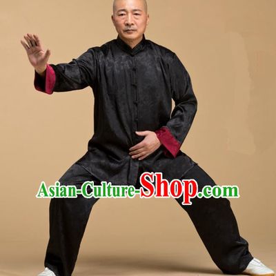 Top Grade Chinese Kung Fu Costume Tai Ji Training Uniform, China Martial Arts Gongfu Black Clothing for Men