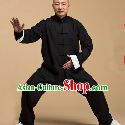 Top Grade Chinese Kung Fu Costume Tai Ji Training Linen Uniform, China Martial Arts Gongfu Black Clothing for Men