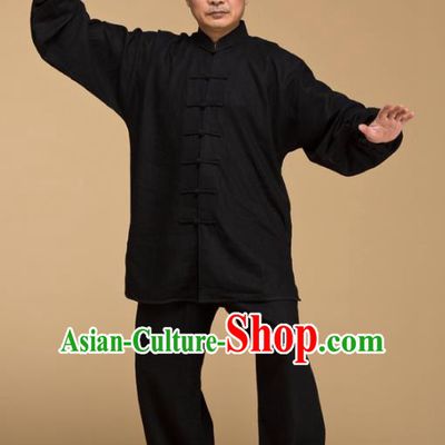 Top Grade Chinese Kung Fu Costume Tai Ji Training Black Linen Uniform, China Martial Arts Gongfu Clothing for Men