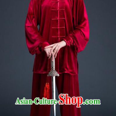 Top Grade Chinese Kung Fu Plated Buttons Costume Red Pleuche Martial Arts Uniform, China Tai Ji Wushu Clothing for Women