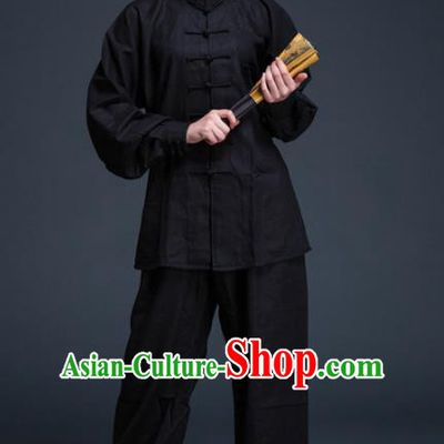 Top Grade Chinese Kung Fu Plated Buttons Costume Black Linen Martial Arts Uniform, China Tai Ji Wushu Clothing for Women