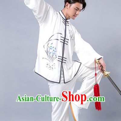 Top Grade Chinese Kung Fu Costume Tai Ji Training Printing Orchid Uniform, China Martial Arts Tang Suit Gongfu Clothing for Men