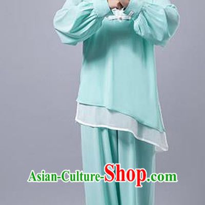 Top Grade Chinese Kung Fu Costume Martial Arts Green Uniform, China Tai Ji Wushu Plated Buttons Clothing for Women
