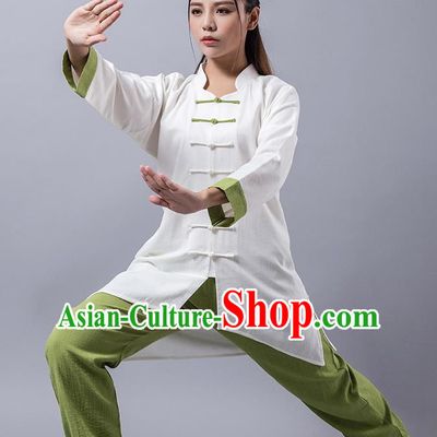 Top Grade Chinese Kung Fu Green Costume Martial Arts Linen Uniform, China Tai Ji Wushu Clothing for Women