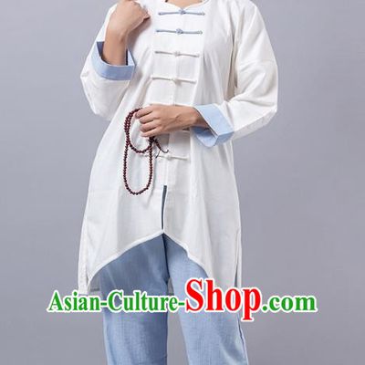 Top Grade Chinese Kung Fu Blue Costume Martial Arts Linen Uniform, China Tai Ji Wushu Clothing for Women