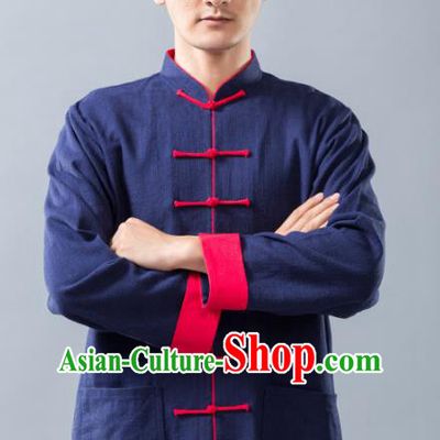 Top Grade Chinese Kung Fu Blue Linen Costume Tai Ji Training Uniform, China Martial Arts Tang Suit Gongfu Clothing for Men