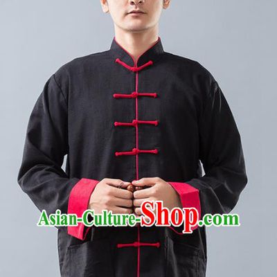 Top Grade Chinese Kung Fu Black Linen Costume Tai Ji Training Uniform, China Martial Arts Tang Suit Gongfu Clothing for Men
