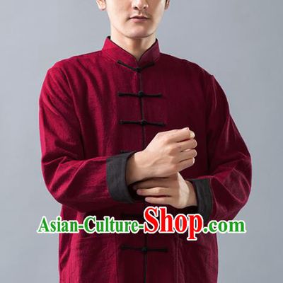 Top Grade Chinese Kung Fu Wine Red Linen Costume Tai Ji Training Uniform, China Martial Arts Tang Suit Gongfu Clothing for Men