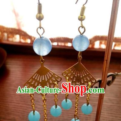 Traditional Handmade Chinese Ancient Princess Hanfu Eardrop Accessories Classical Blue Beads Tassel Earrings for Women