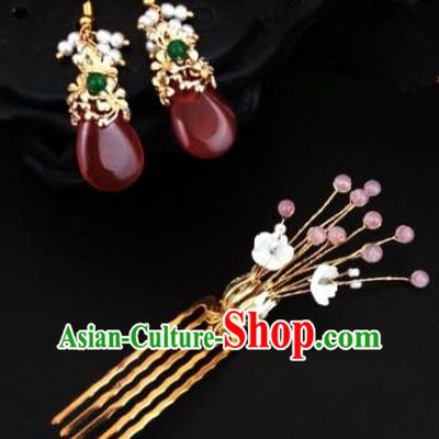Traditional Handmade Chinese Ancient Classical Wedding Hair Accessories Hair Comb and Red Earrings for Women