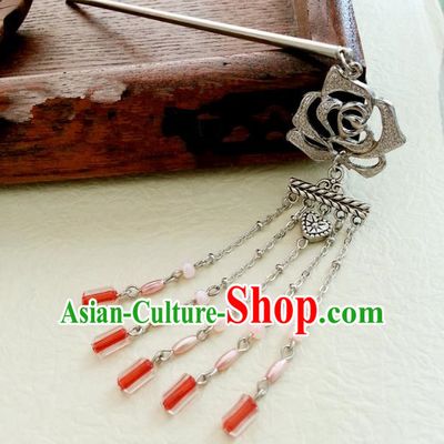 Traditional Handmade Chinese Ancient Classical Hair Accessories Rose Tassel Hairpins Headwear for Women