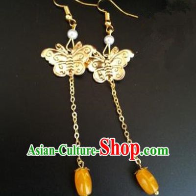 Traditional Chinese Handmade Classical Golden Butterfly Eardrop Ancient Palace Queen Hanfu Earrings for Women