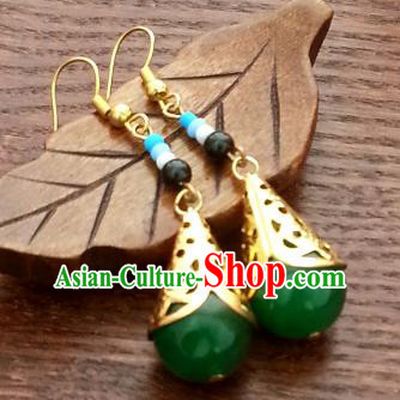 Traditional Chinese Handmade Classical Hanfu Eardrop Ancient Palace Queen Green Beads Earrings for Women