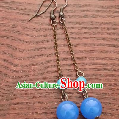 Traditional Chinese Handmade Classical Hanfu Blue Bead Eardrop Ancient Palace Princess Earrings for Women