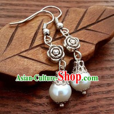Traditional Chinese Handmade Classical Hanfu Rose Pearls Eardrop Ancient Palace Princess Earrings for Women
