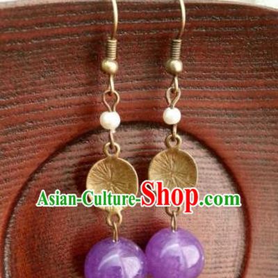 Traditional Chinese Handmade Classical Hanfu Purple Beads Eardrop Ancient Palace Princess Earrings for Women