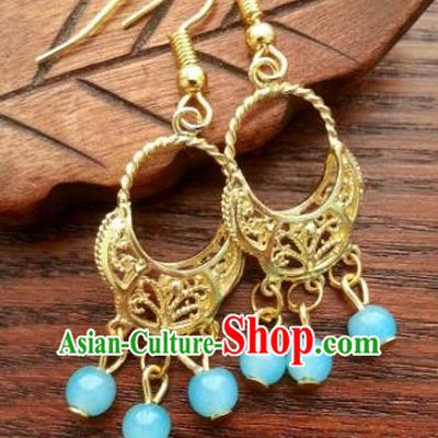 Asian Chinese Traditional Handmade Classical Hanfu Golden Eardrop Ancient Palace Princess Earrings for Women
