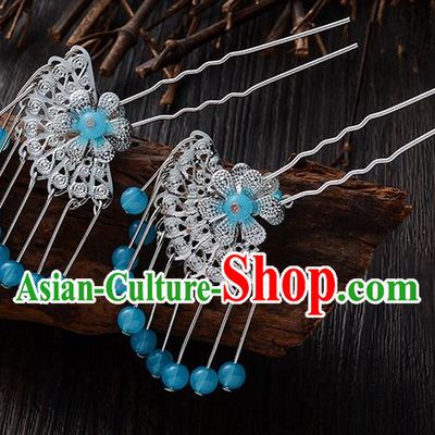 Handmade Asian Chinese Classical Hair Accessories Ancient Blue Beads Tassel Hairpins Headwear for Women
