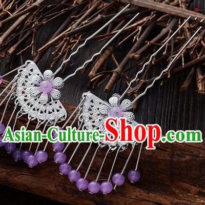 Handmade Asian Chinese Classical Hair Accessories Ancient Lilac Beads Tassel Hairpins Headwear for Women