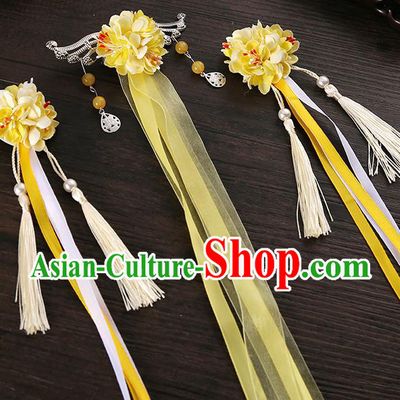 Handmade Asian Chinese Classical Hair Accessories Ancient Yellow Silk Flower Hairpins Headwear for Women