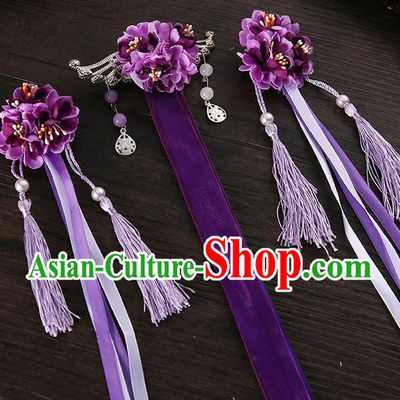 Handmade Asian Chinese Classical Hair Accessories Ancient Purple Silk Flower Hairpins Headwear for Women