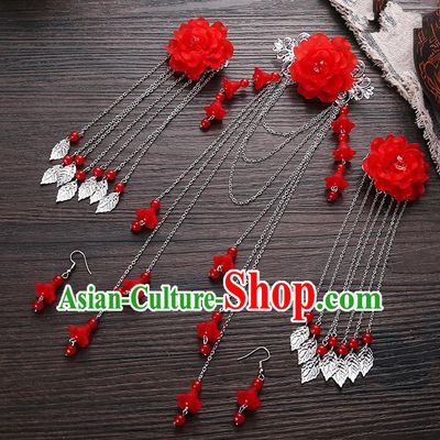 Handmade Asian Chinese Classical Hair Accessories Ancient Red Flower Hair Stick Hairpins for Women