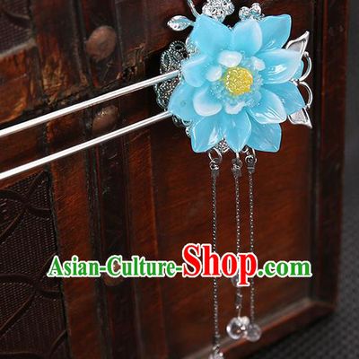 Handmade Asian Chinese Classical Hair Accessories Blue Flower Hair Clip Ancient Hanfu Hairpins for Women