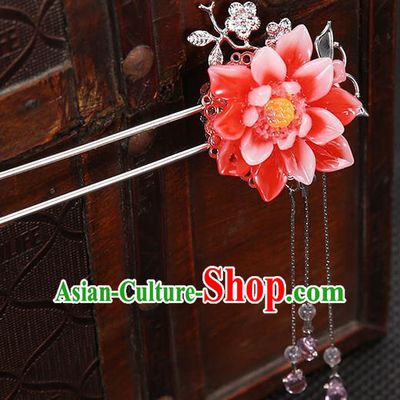 Handmade Asian Chinese Classical Hair Accessories Red Flower Hair Clip Ancient Hanfu Hairpins for Women