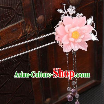 Handmade Asian Chinese Classical Hair Accessories Pink Flower Hair Clip Ancient Hanfu Hairpins for Women