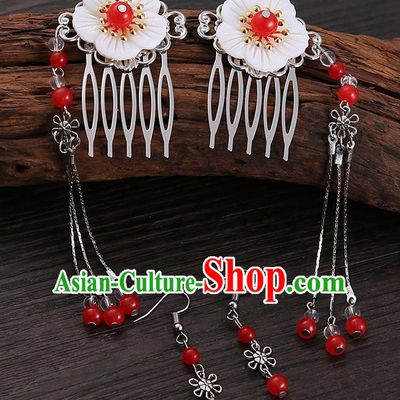 Handmade Asian Chinese Classical Hair Accessories Shell Hair Stick Hairpins and Red Beads Earrings for Women