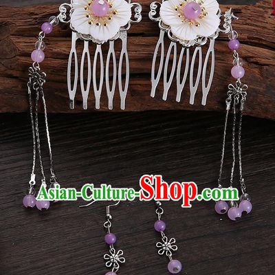 Handmade Asian Chinese Classical Hair Accessories Shell Hair Stick Hairpins and Purple Beads Earrings for Women