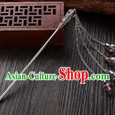 Handmade Asian Chinese Classical Hair Accessories Purple Crystal Beads Tassel Hairpins Hanfu Step Shake for Women