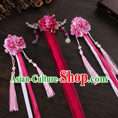 Handmade Asian Chinese Classical Hair Accessories Ancient Rosy Silk Flower Hairpins Headwear for Women