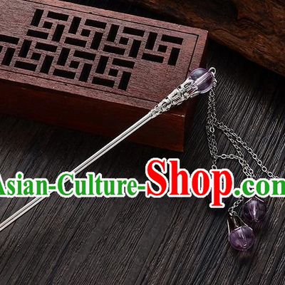Handmade Asian Chinese Classical Hair Accessories Purple Crystal Beads Tassel Hairpins Hanfu Step Shake for Women