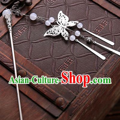 Asian Chinese Handmade Classical Hair Accessories White Beads Butterfly Tassel Hair Clip Hanfu Hairpins for Women