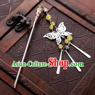 Asian Chinese Handmade Classical Hair Accessories Light Yellow Beads Butterfly Tassel Hair Clip Hanfu Hairpins for Women