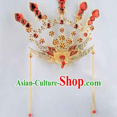 Asian Chinese Handmade Palace Lady Classical Hair Accessories Queen Phoenix Coronet Tassel Hairpins for Women