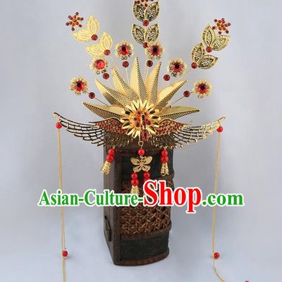 Asian Chinese Handmade Palace Lady Classical Hair Accessories Queen Golden Phoenix Coronet Tassel Hairpins for Women