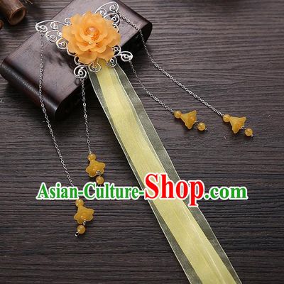 Handmade Asian Chinese Classical Hair Accessories Orange Ribbon Butterfly Hairpins Hanfu Hair Stick for Women