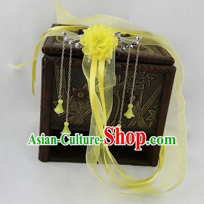 Asian Chinese Handmade Palace Lady Classical Hair Accessories Yellow Silk Ribbon Hairpins Headwear for Women