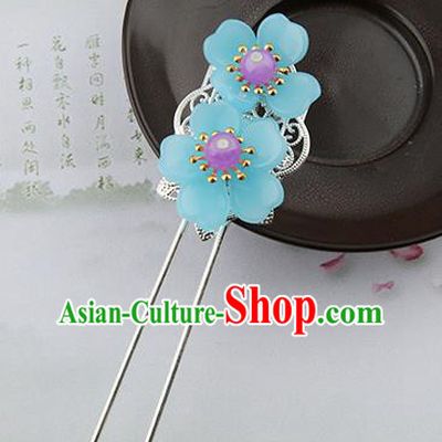 Asian Chinese Handmade Palace Lady Classical Hair Accessories Hanfu Blue Flowers Hairpins Headwear for Women